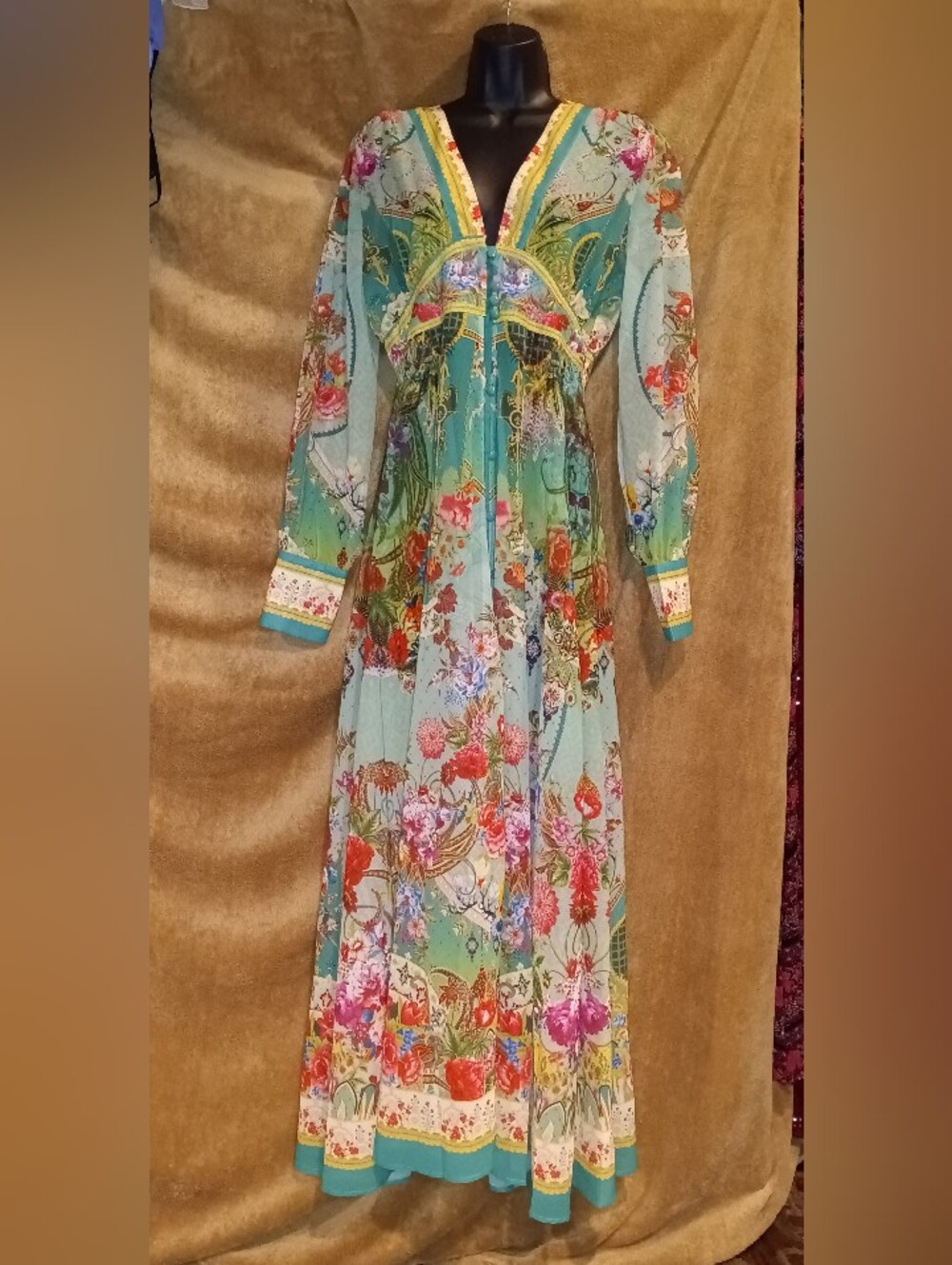 Beautiful Sheer Button Up Bohemian Floral Maxi Dress in Green Multicolor